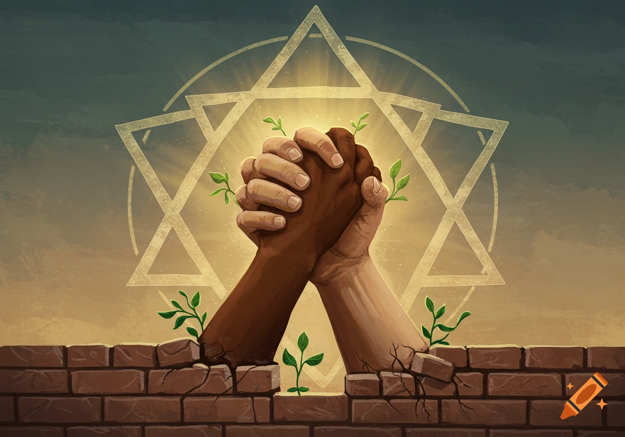 Two different colored hands clasped above a brick wall with plant growth, framed by a stylized Star of David.