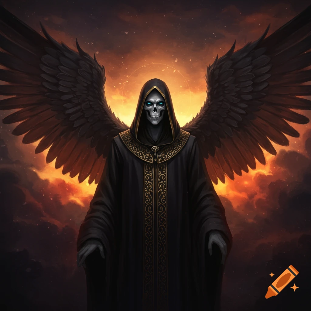A skeletal figure in a dark hooded robe with large black wings stands ...