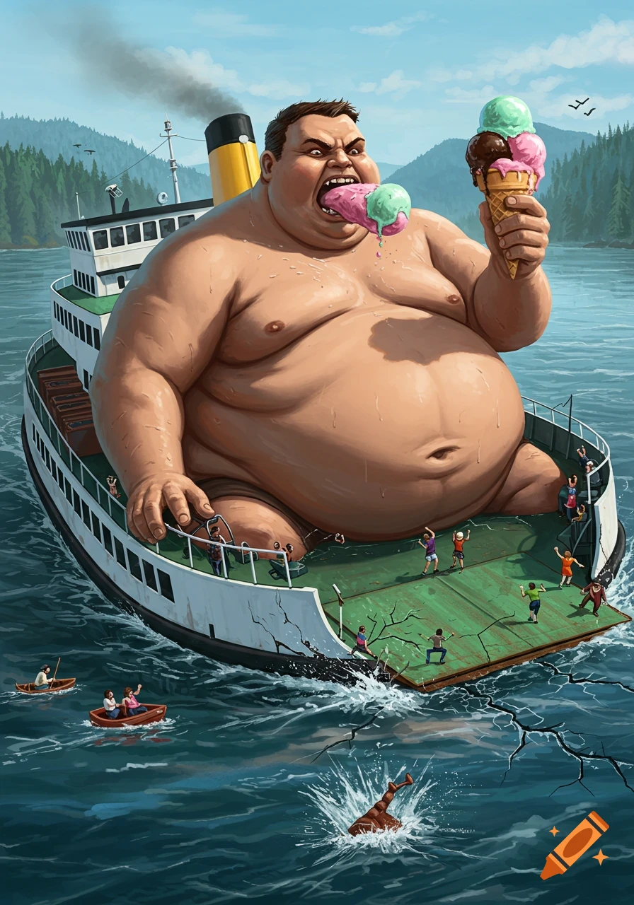 Giant grotesque man eats ice cream on sinking ferry as small people abandon ship. Illustration.