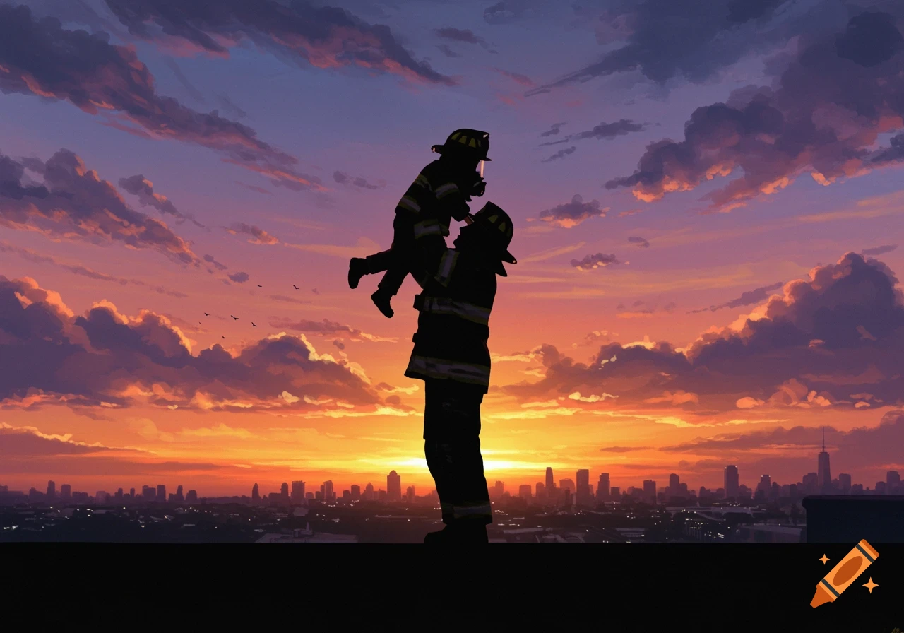 Silhouette of a firefighter holding a child against a sunset cityscape.