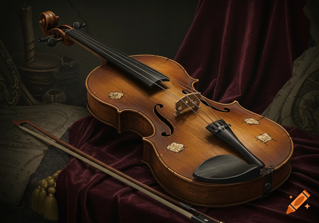 A still life features an antique violin with ornate details and its bow, resting on deep red velvet.