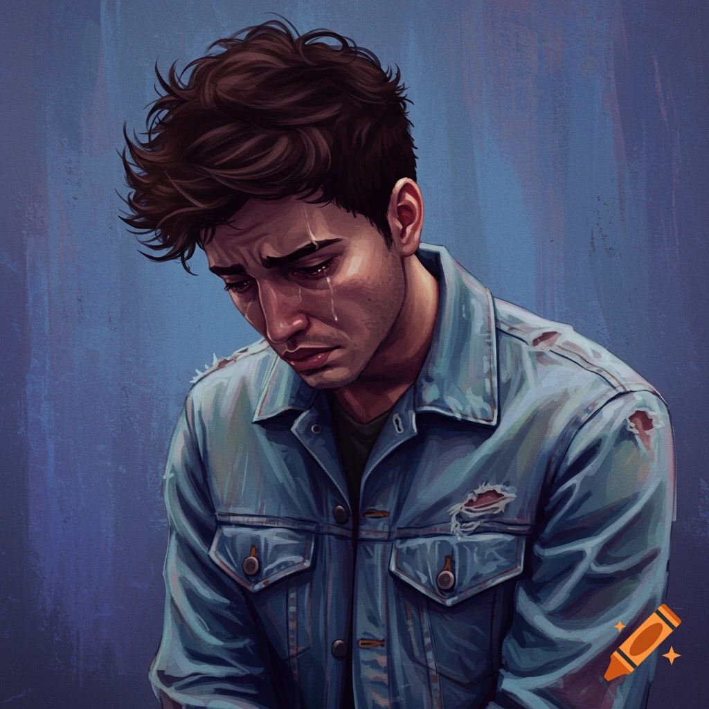 Digital painting of a sad man crying in a ripped denim jacket against a blue background.