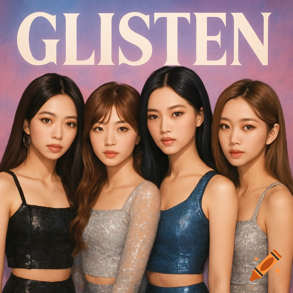 Four young women in sparkly outfits posing under the text GLISTEN, like a K-Pop group cover.