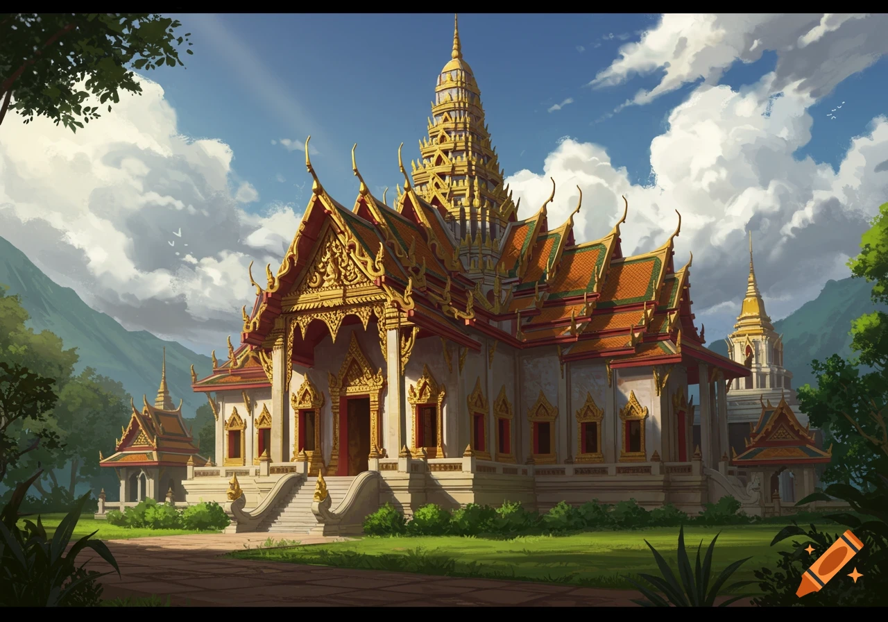 Digital painting of a large, ornate temple with golden spires and orange roofs, set in a lush green landscape with mountains and clouds.