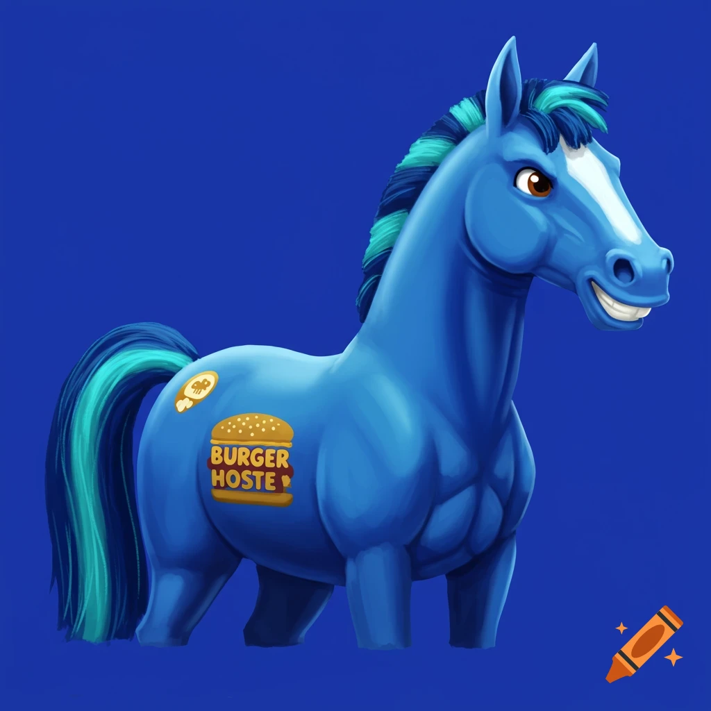 Cartoon blue horse with a burger logo on its side.
