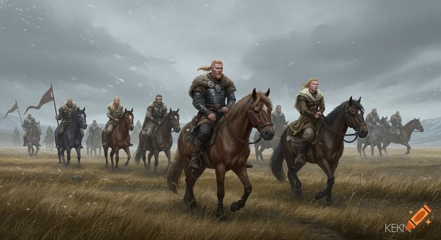 A group of Norse warriors on horseback rides through a field on a cloudy day, illustration.