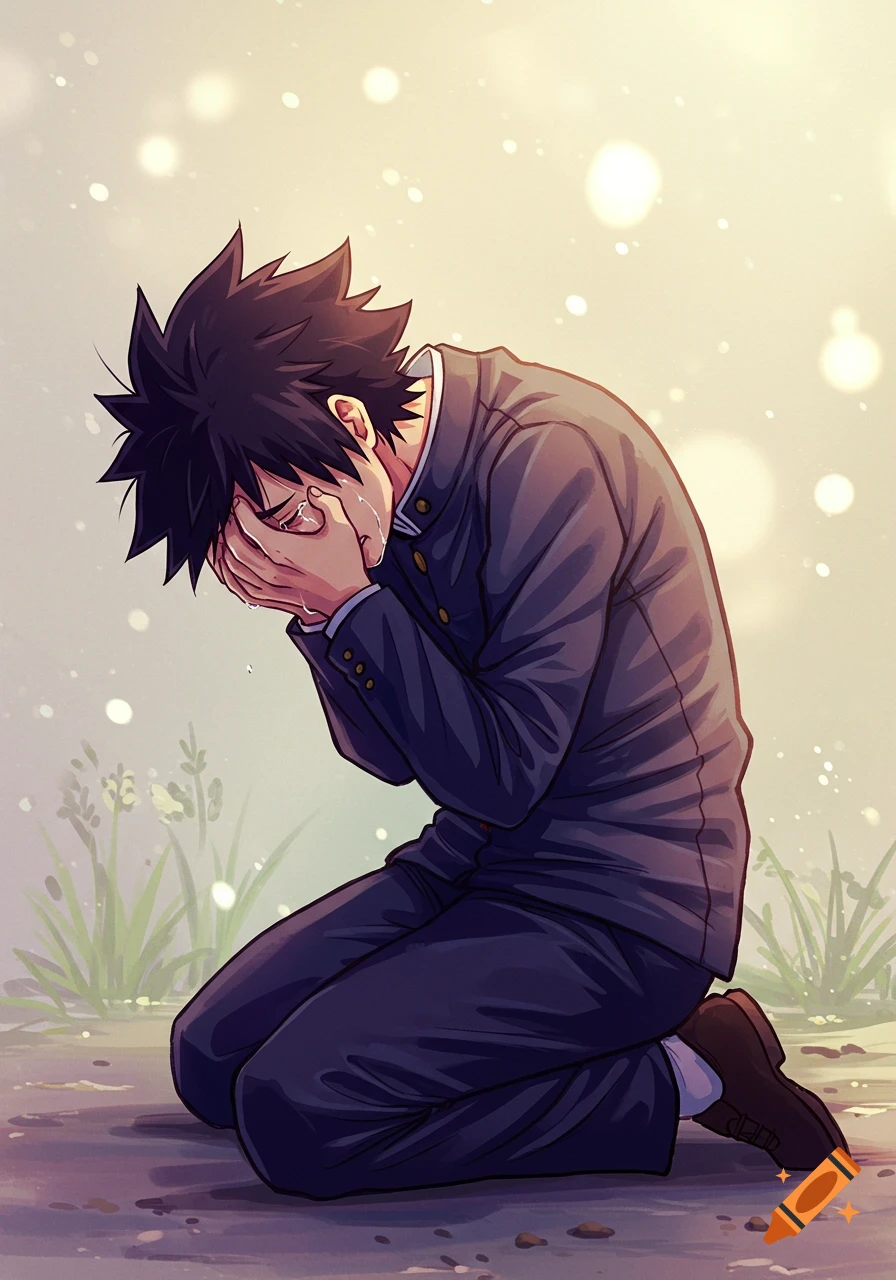 Anime male character kneels, covering his face while crying.
