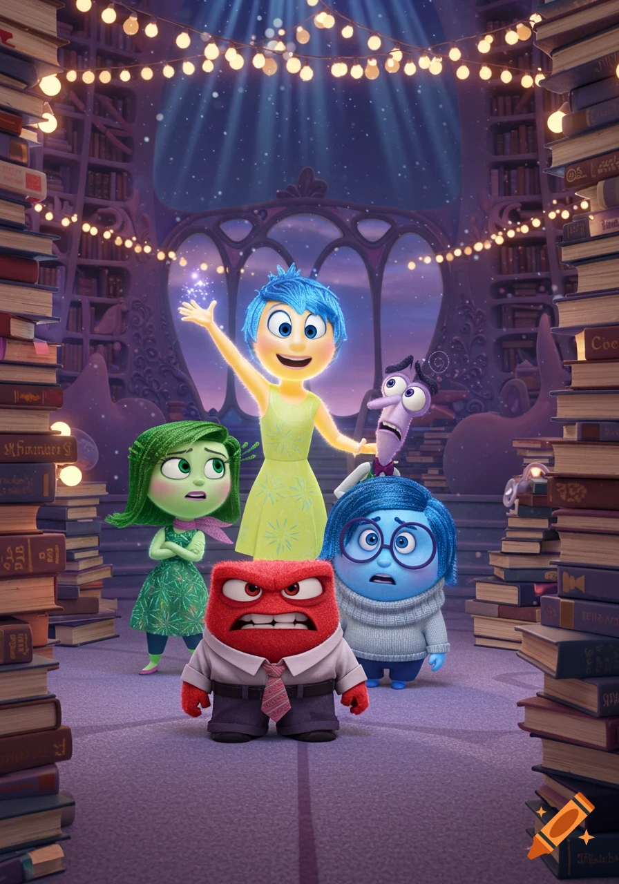 Inside Out characters Joy, Sadness, Anger, Disgust, and Fear stand among piles of books in a library.