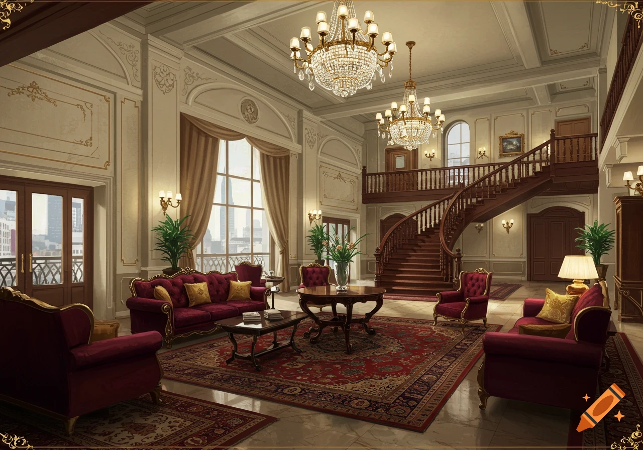 A grand, ornate hotel lobby with red velvet sofas, chandeliers, and a sweeping staircase.