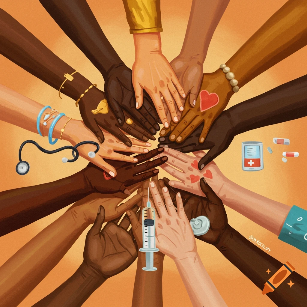 Illustration of diverse hands from many ethnicities reaching together, with medical items like a stethoscope, syringe, and pills.