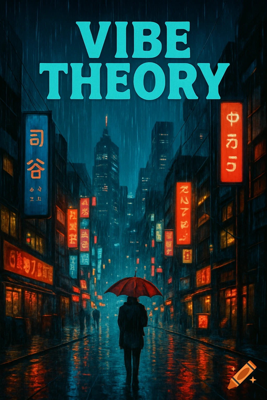 Digital art of a person with a red umbrella walking down a rainy city street at night with bright neon signs and the text "VIBE THEORY" at the top.