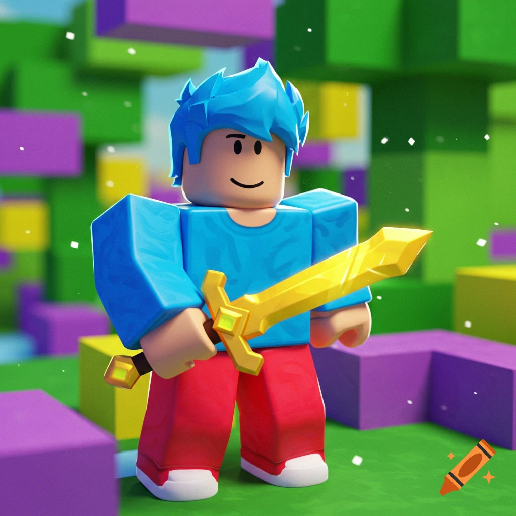Roblox-style character with blue hair and gold sword in a colorful blocky world.