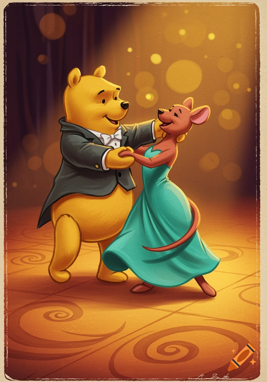 Winnie the Pooh in a tuxedo dancing with Kanga in a dress in a ballroom.