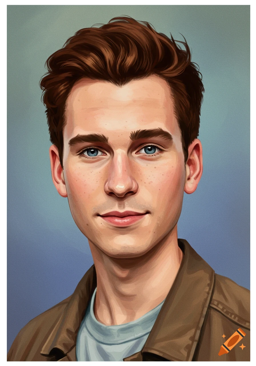 Illustrated portrait of a young man with brown hair, blue eyes, and ...