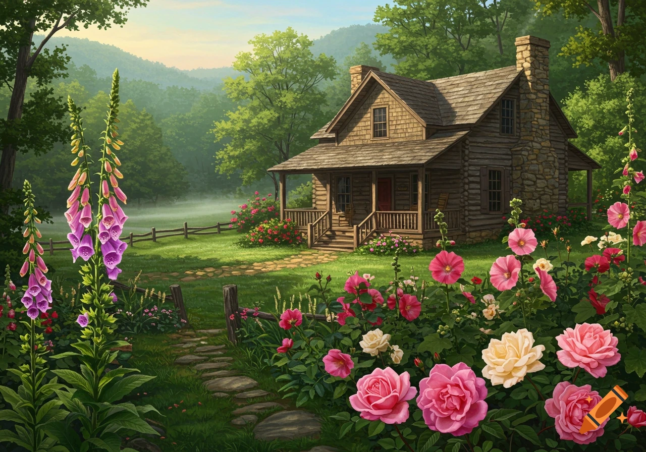 A log cabin in a mountain setting, surrounded by a lush garden filled with foxglove, hollyhock, and roses.