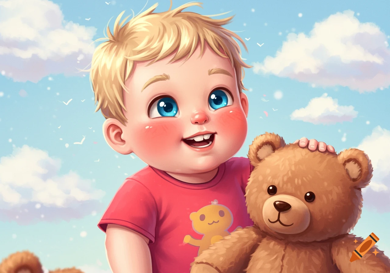 Cute cartoon baby with big blue eyes holding a teddy bear under a cloudy sky.