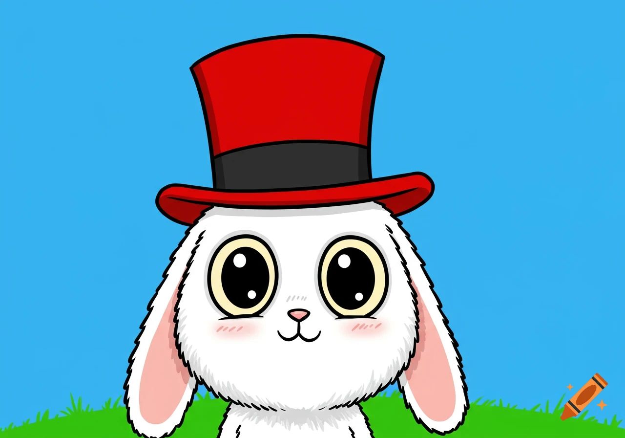 A cute cartoon rabbit wearing a red top hat.