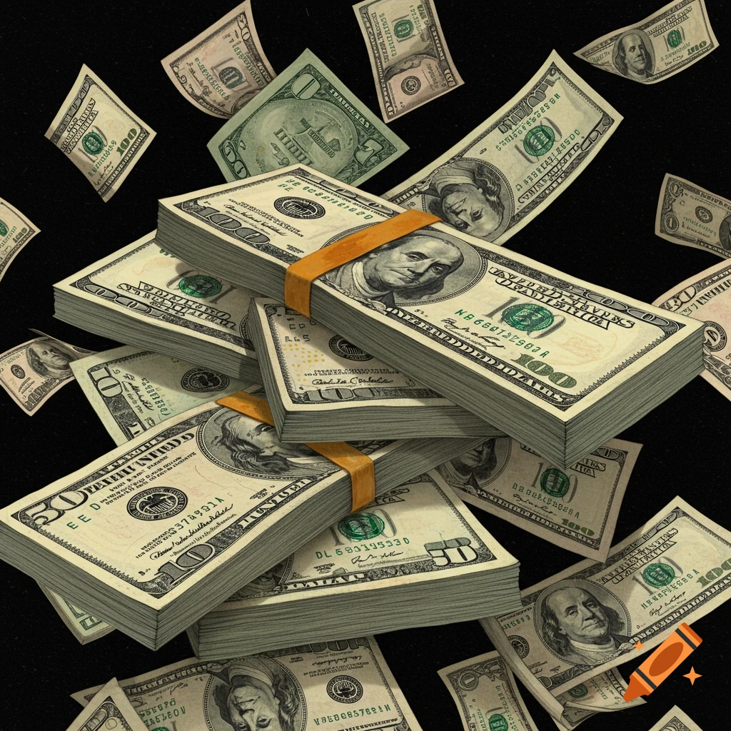 Stacks of US dollar bills and individual bills falling against a black background.