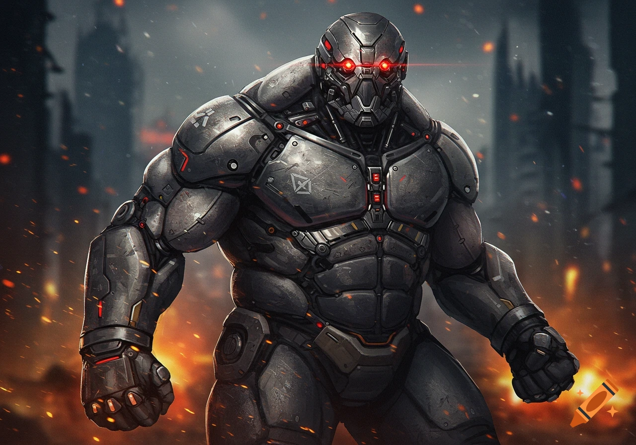 Bulky combat android with glowing red eyes in a ruined city, digital art