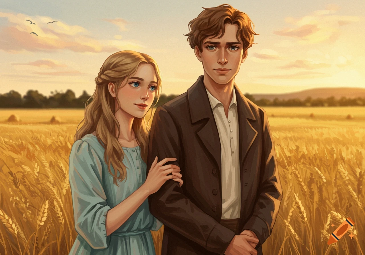 Illustration of a young man and woman standing in a golden wheat field at sunset.