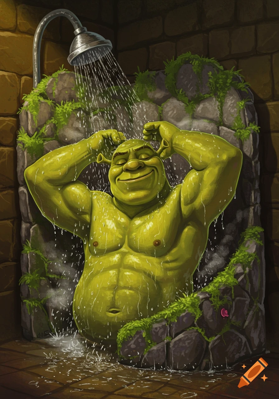 Shrek showering in a stone room with moss