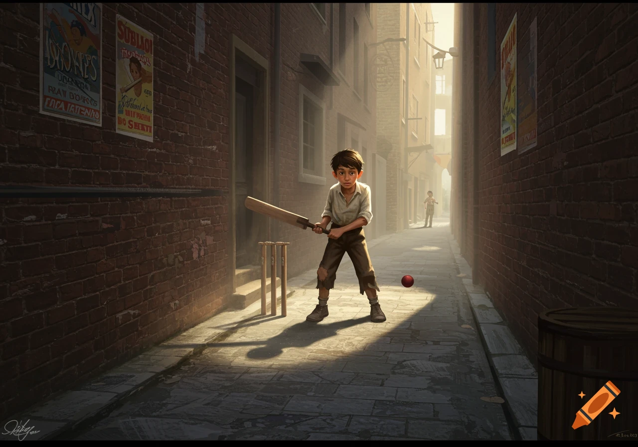 Illustration of a boy playing cricket in a sunlit alley.