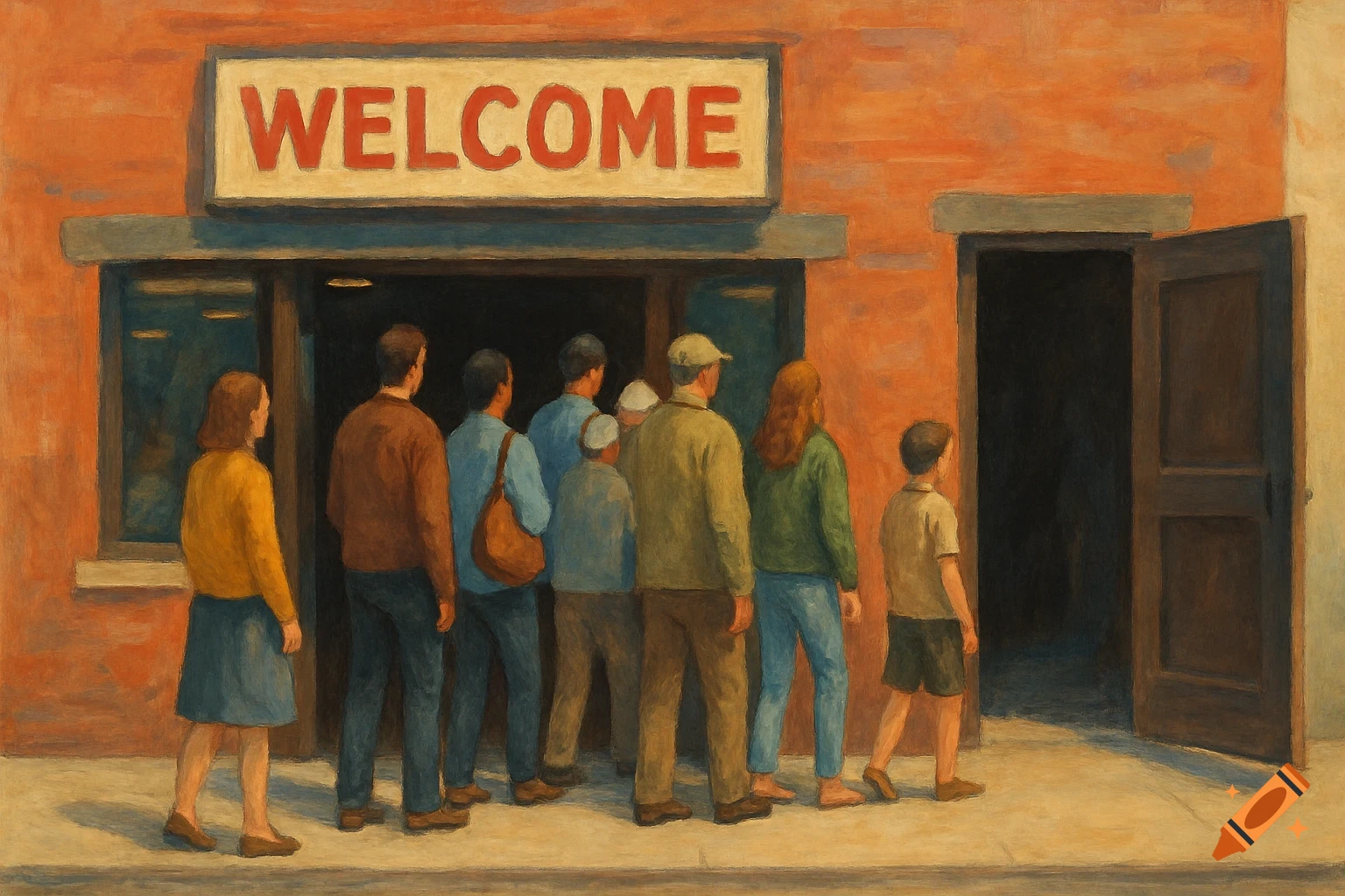 A painting shows a line of people entering a store with a WELCOME sign above the door.