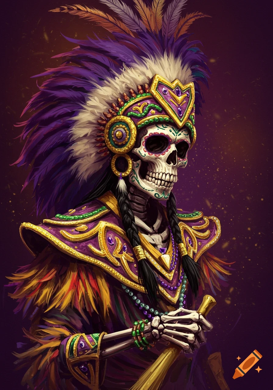Stylized portrait of a skeleton wearing a feathered headdress and ornate jeweled costume, holding a staff.