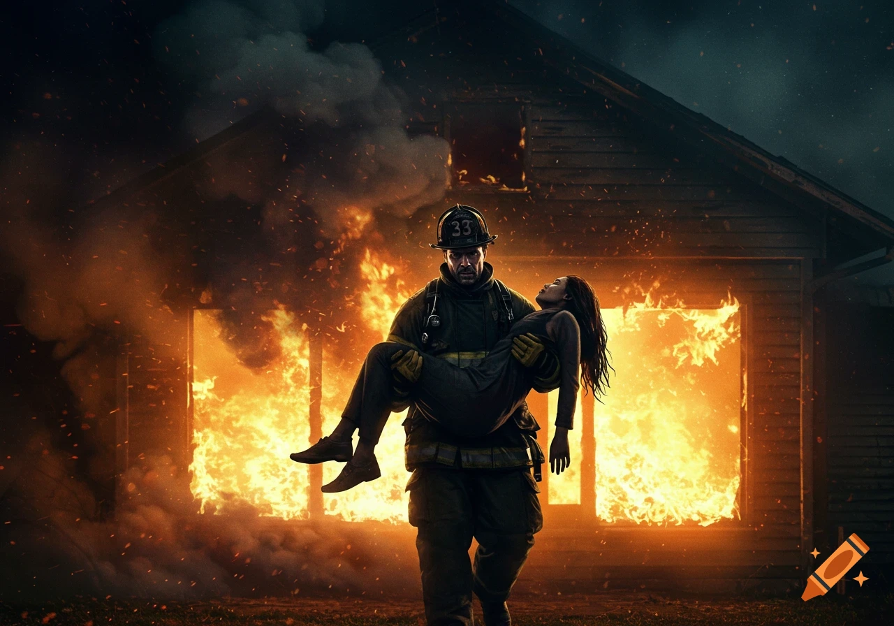 A firefighter carries an unconscious person away from a burning house at night.
