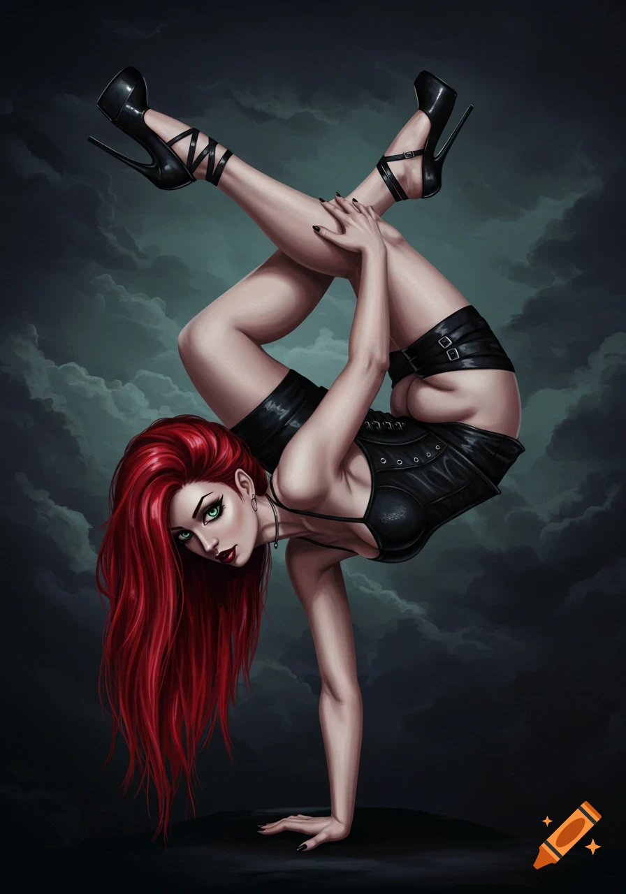 Artistic drawing of a goth woman contortionist in a corset and heels doing an impossible pose against a dark sky.