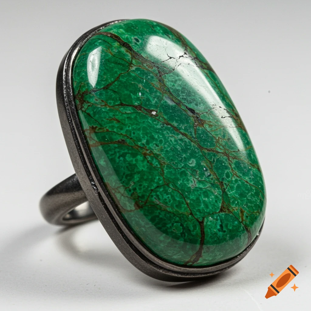 Close-up of a silver ring with a large oval green stone featuring dark veins.