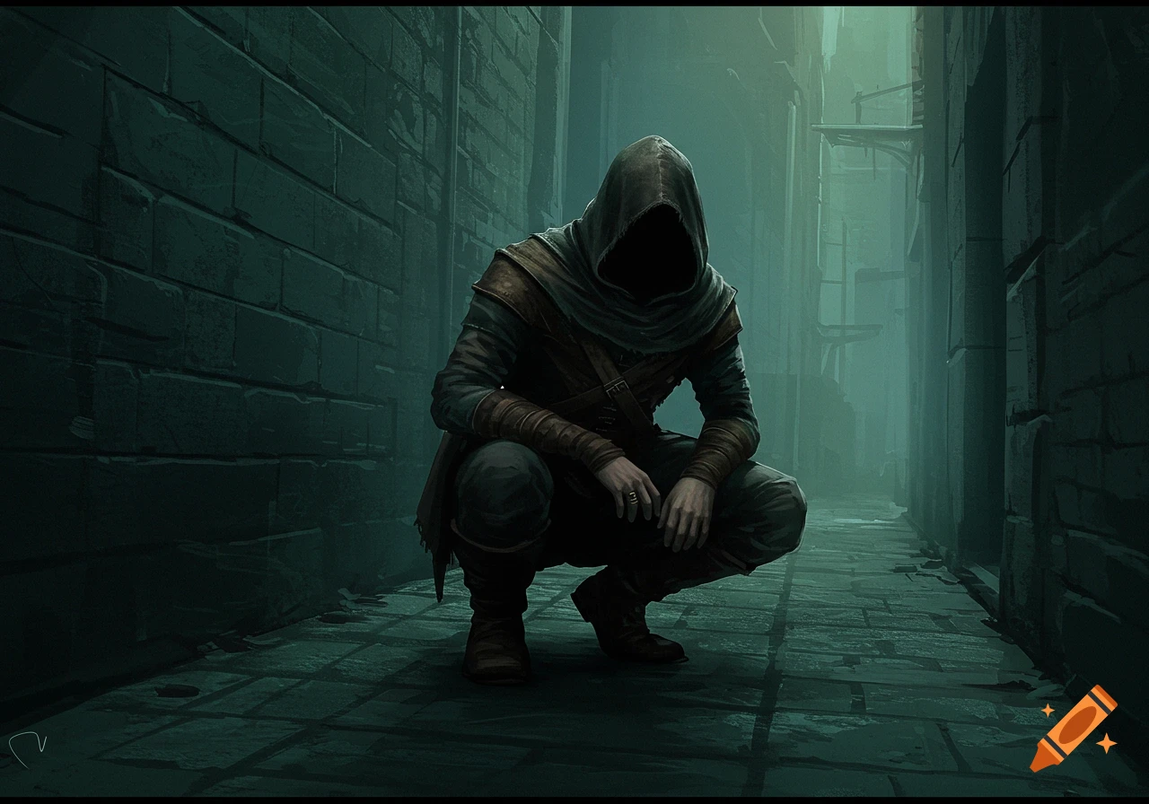 A mysterious hooded figure crouches in a dark, misty alleyway.
