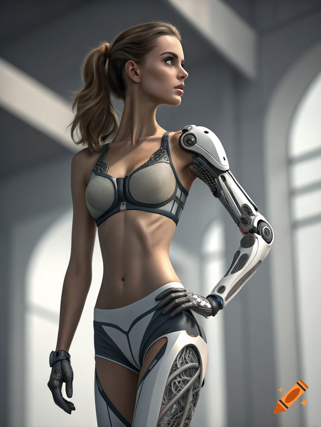 A young woman with bionic limbs wears a sports bra and shorts, standing in a bright room.