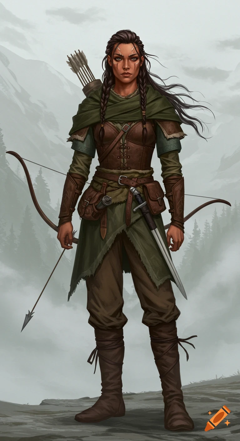 A fantasy illustration of a female archer standing in a misty mountain valley, wearing practical, rugged clothing.