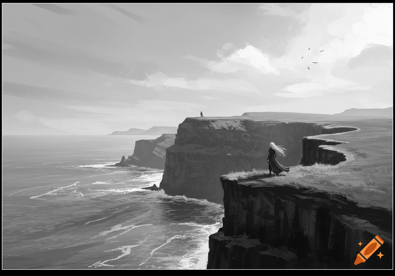 Black and white illustration of two figures on dramatic cliffs overlooking the ocean.
