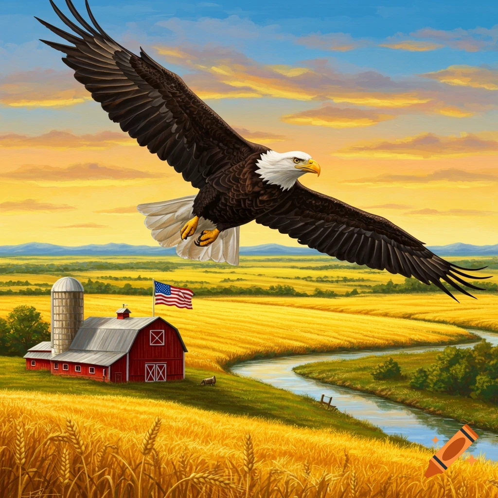 Painting of a bald eagle soaring over a farm with a red barn, wheat fields, river, and an American flag.