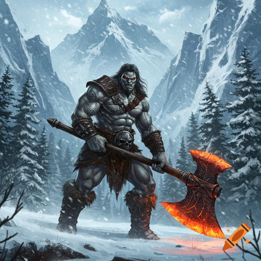 Muscular grey-skinned barbarian with a great axe in a snowy mountain pass.