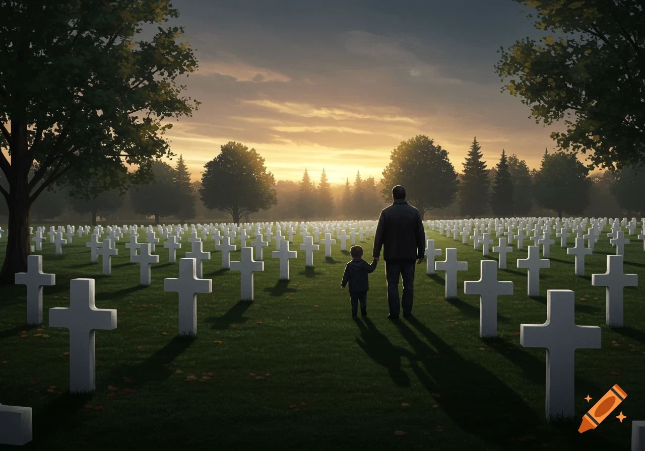 Father and son walk through a military graveyard at sunset.