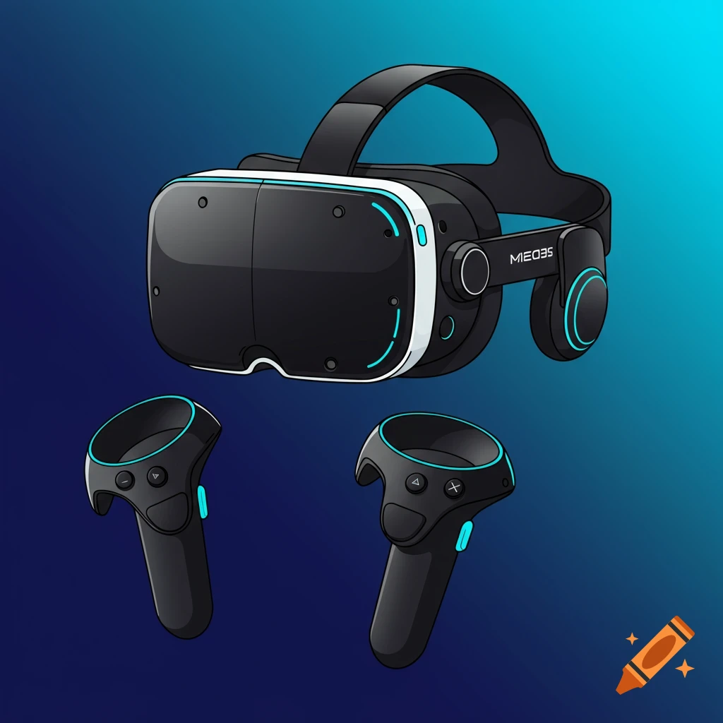 An illustration of a VR headset and two controllers on a blue background.