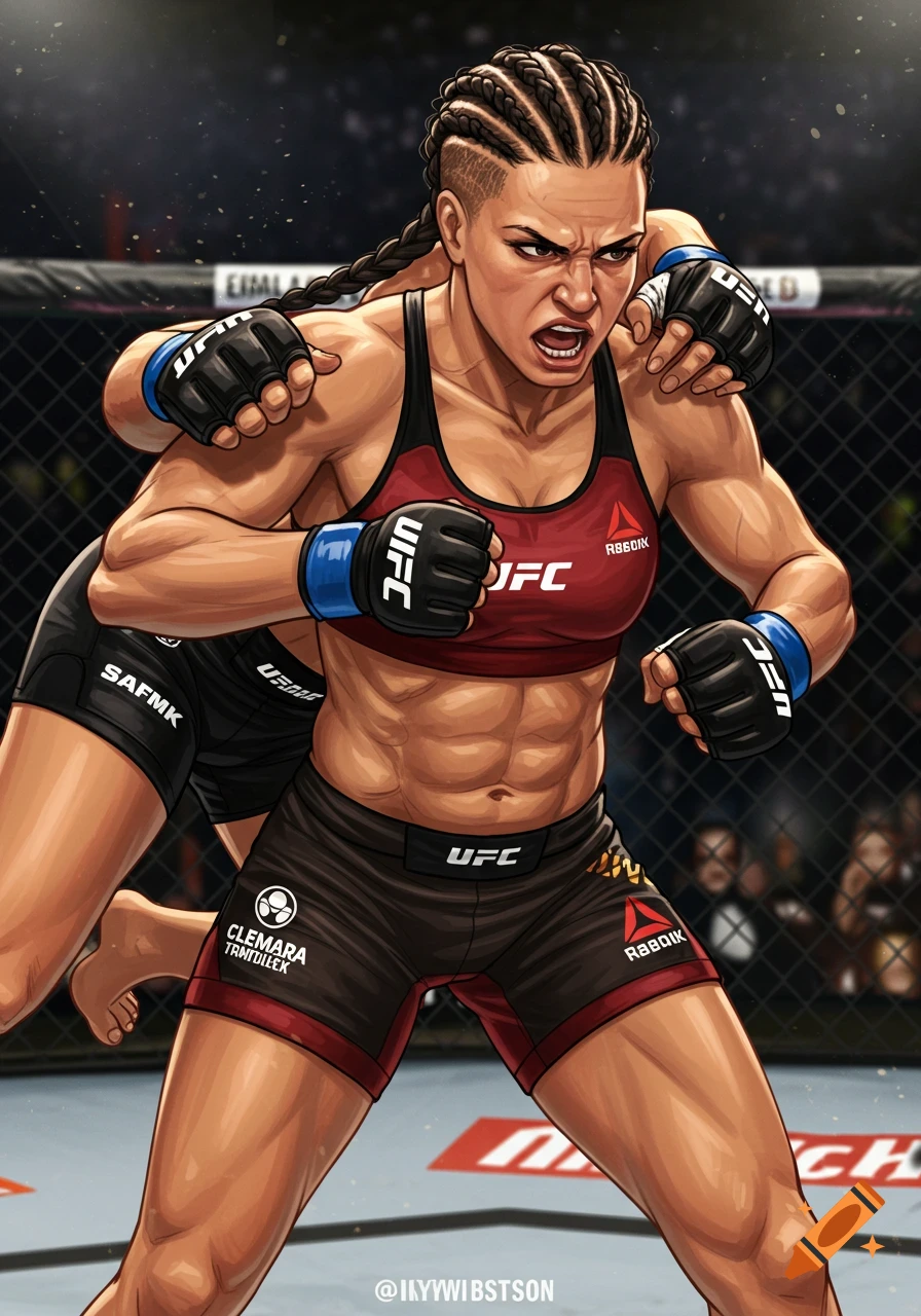 Illustration of female MMA fighters grappling in a ring.
