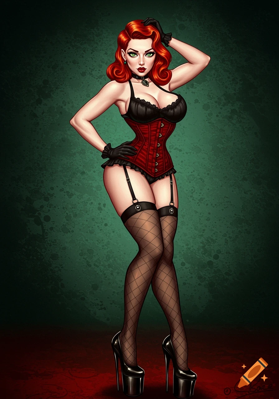 Drawing of a pin-up model with red hair, green eyes, wearing a red corset, black lingerie, stockings, and high heels.