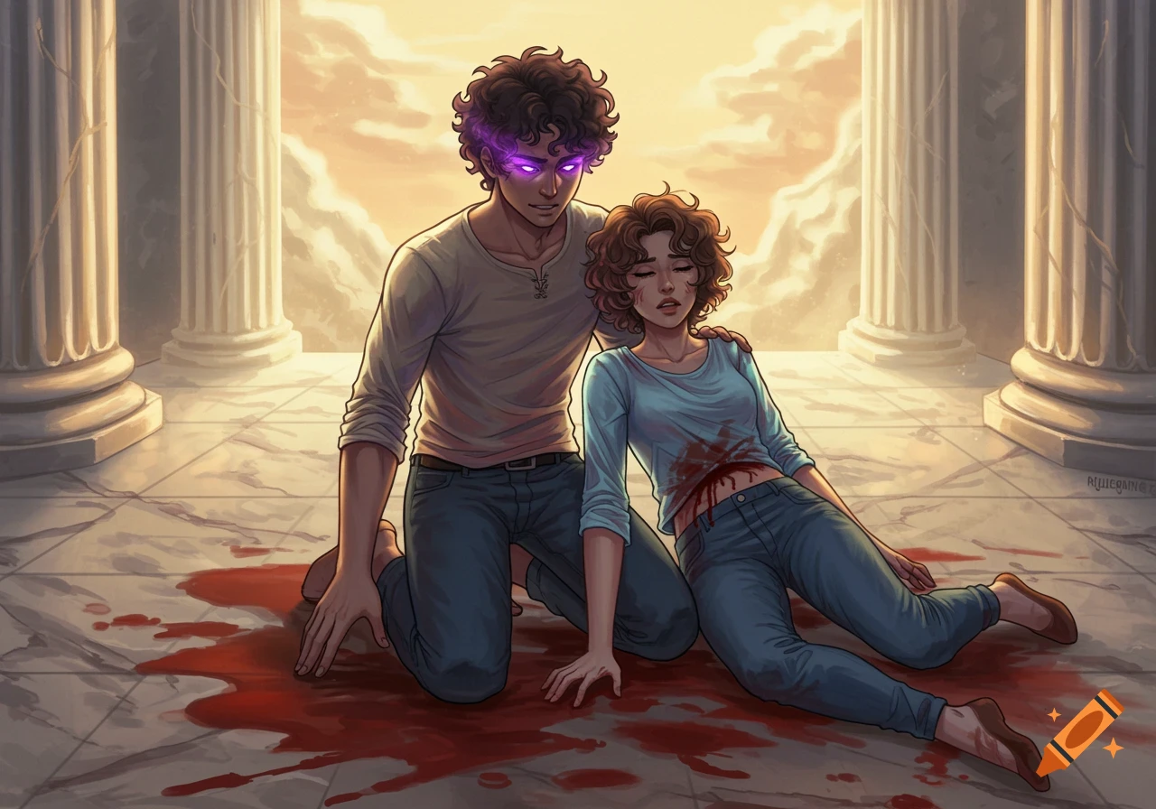 Digital art of a man with glowing purple eyes kneeling beside a wounded woman, surrounded by blood on a marble floor with columns.