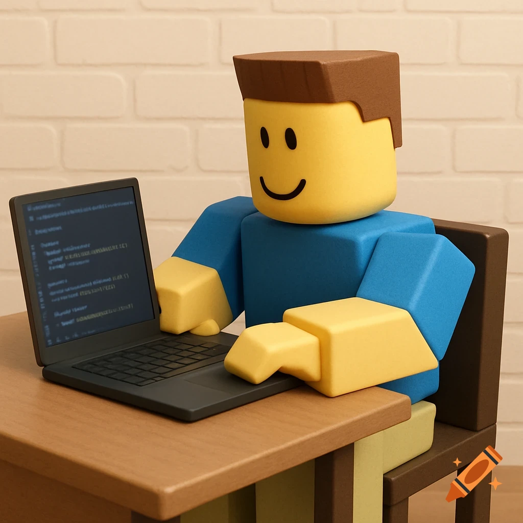 A Roblox character sits at a desk using a laptop.