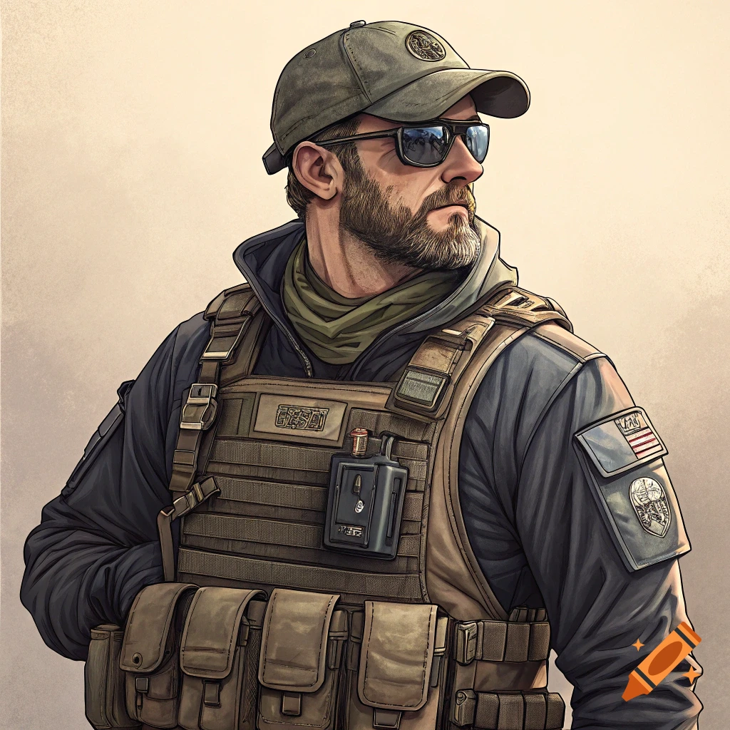 Portrait of a man in tactical gear wearing a cap and sunglasses.
