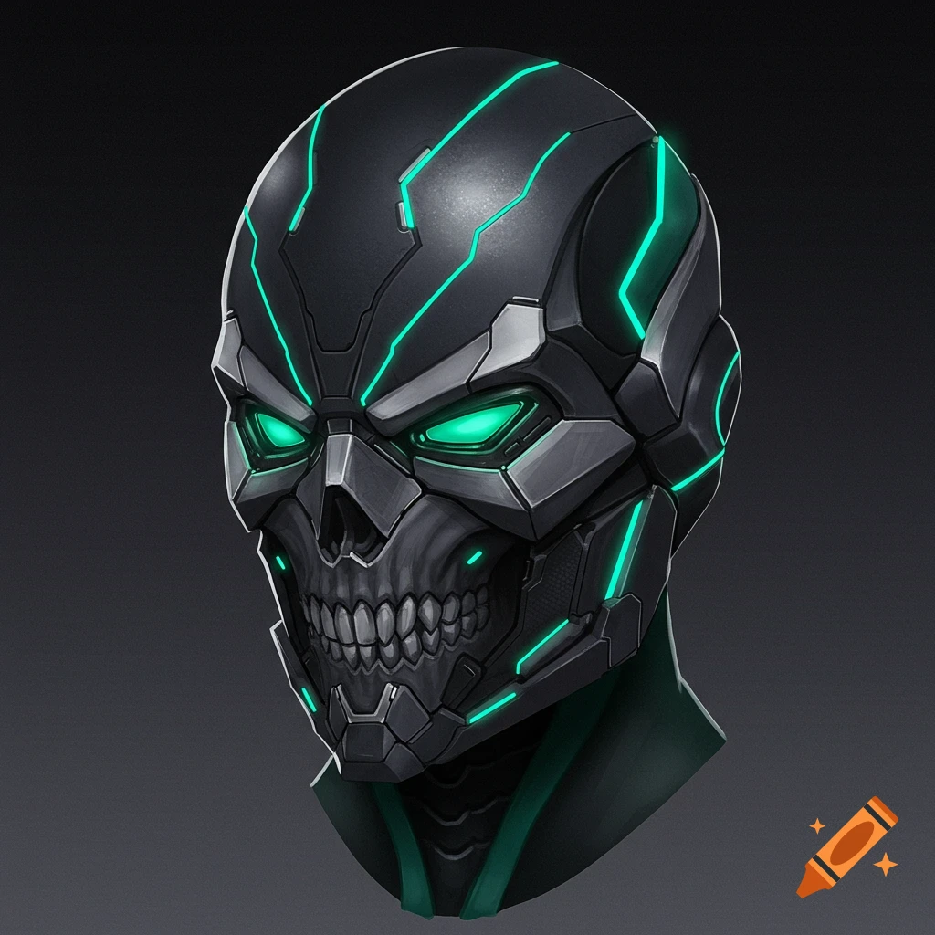 A futuristic skull mask with glowing green eyes and lines.