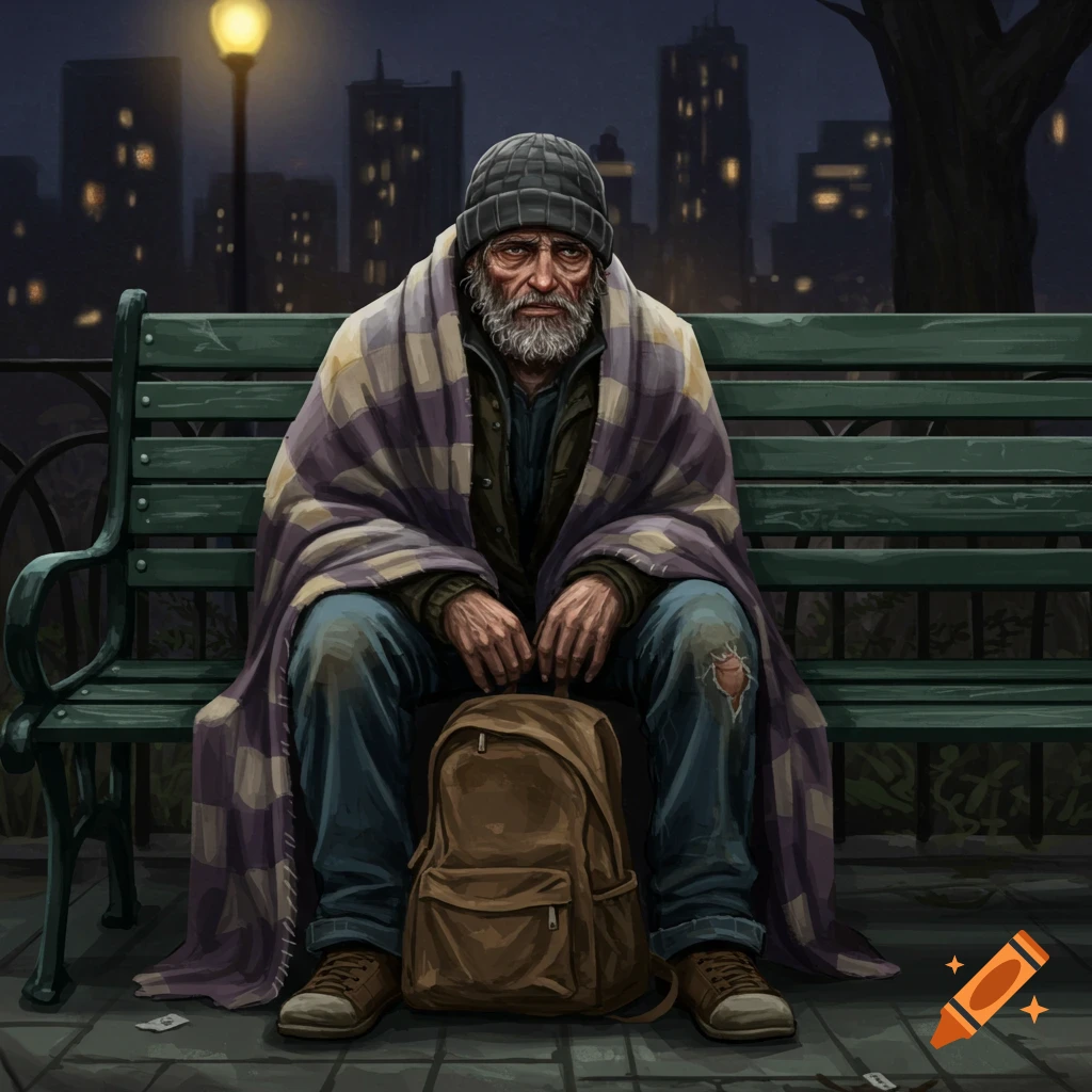 An elderly homeless man sits on a park bench wrapped in a blanket at night with a city skyline in the background.