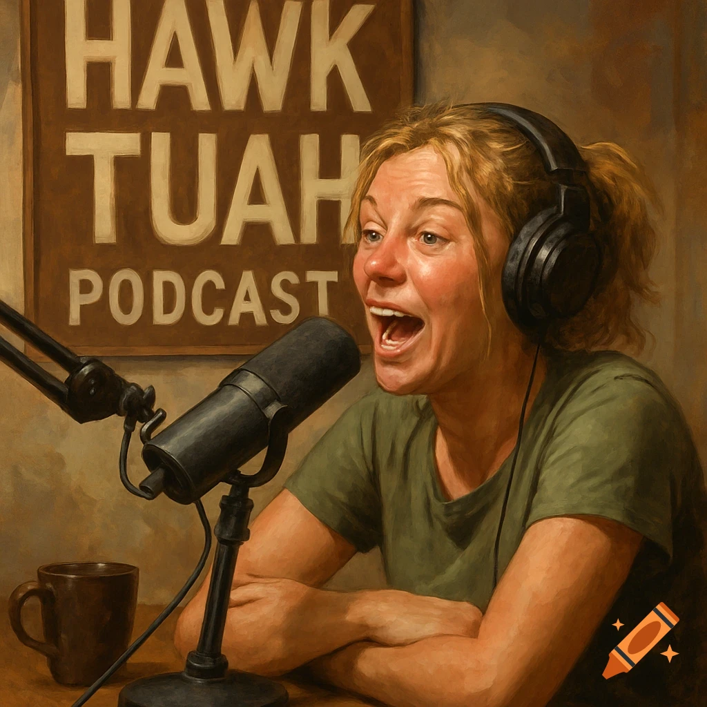 Realistic painting of a woman recording a podcast with headphones and microphone.