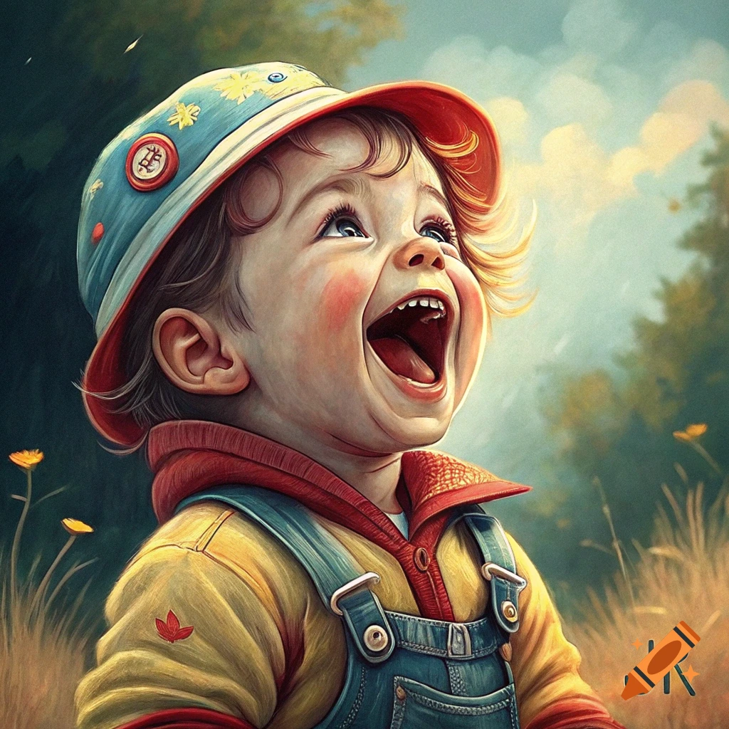 Painterly portrait of a laughing toddler in a hat and overalls looking up outdoors.