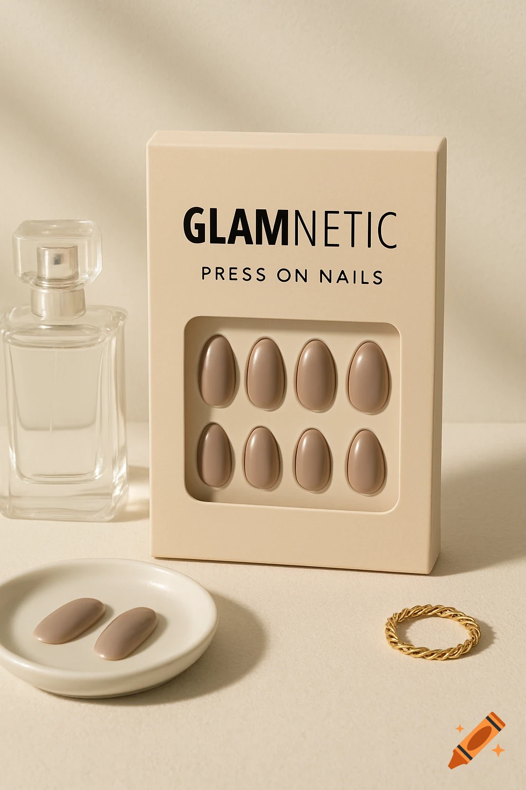 A box of press-on nails next to a perfume bottle, small dish with nails, and ring on a light background.