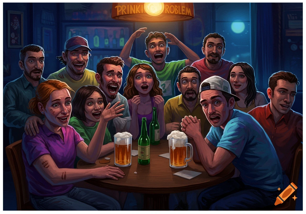An excited group of people gathered at a table in a bar with drinks, rendered in an illustrative style.
